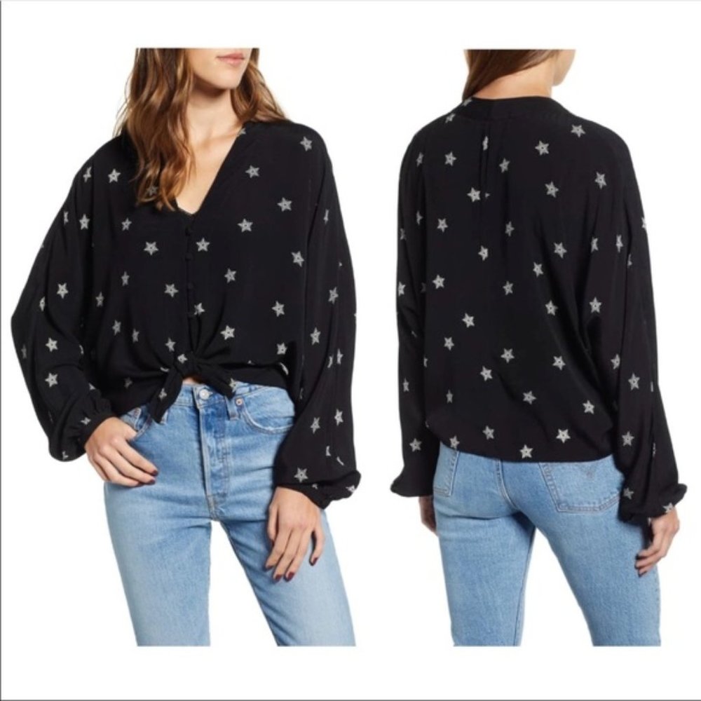Rails Sloane Blk River Star Tie Front Blouse NWOT